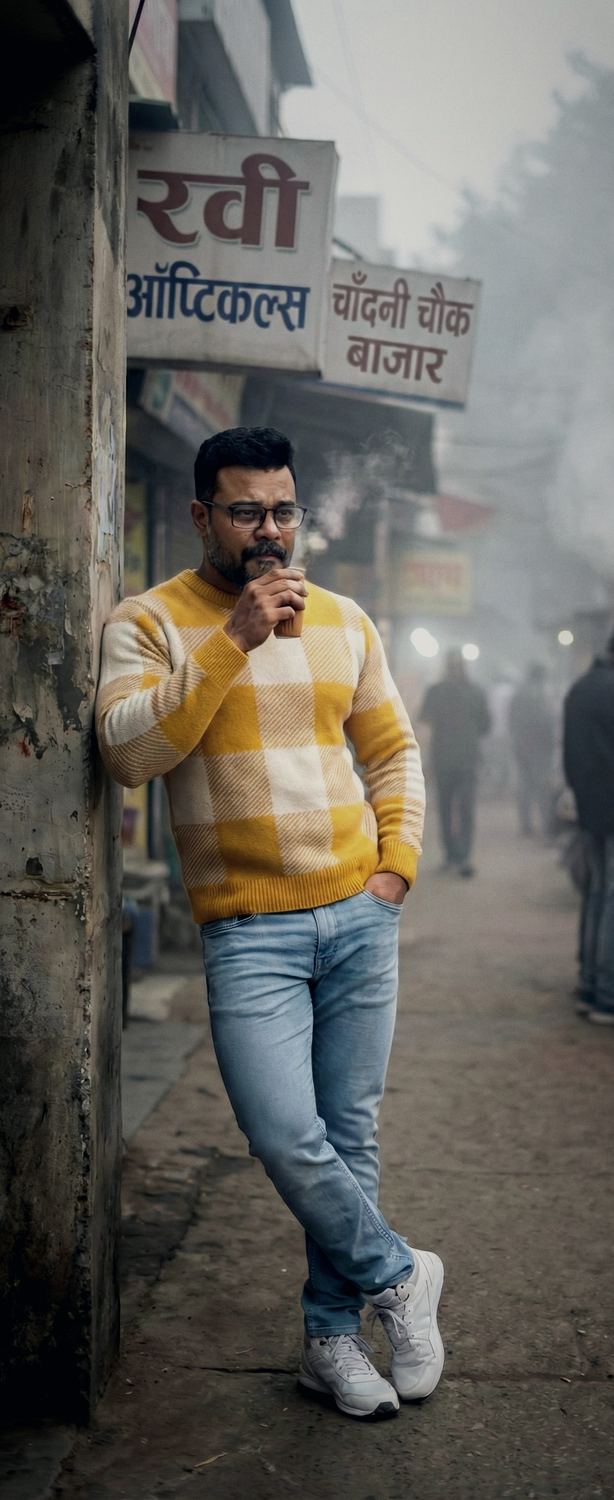 Avishek Biswas with a glass of tea on a winter street at first light.