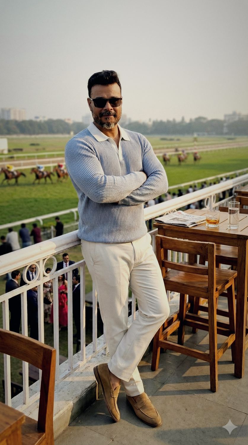 Avishek Biswas at the rail of a racecourse terrace in the late afternoon.
