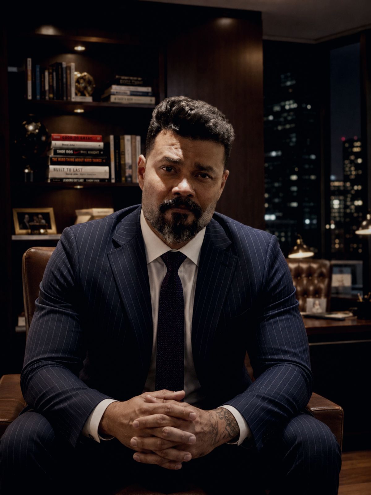 Avishek Biswas in a navy pinstripe suit, seated in a wood-panelled office at night, hands clasped.