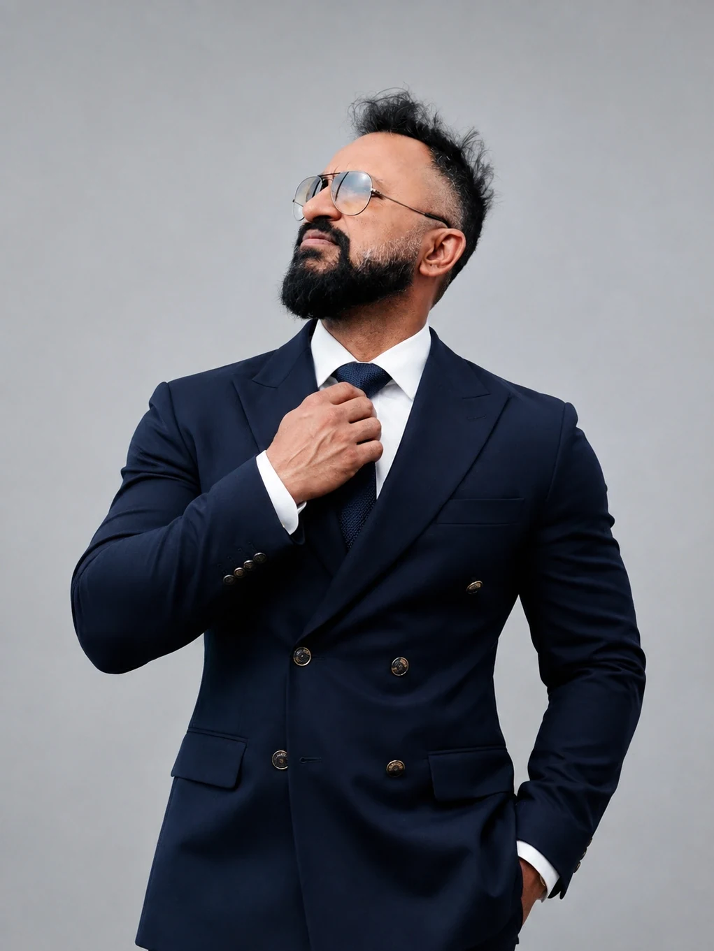 Satyajit Dasgupta in a navy double-breasted suit, adjusting his tie.