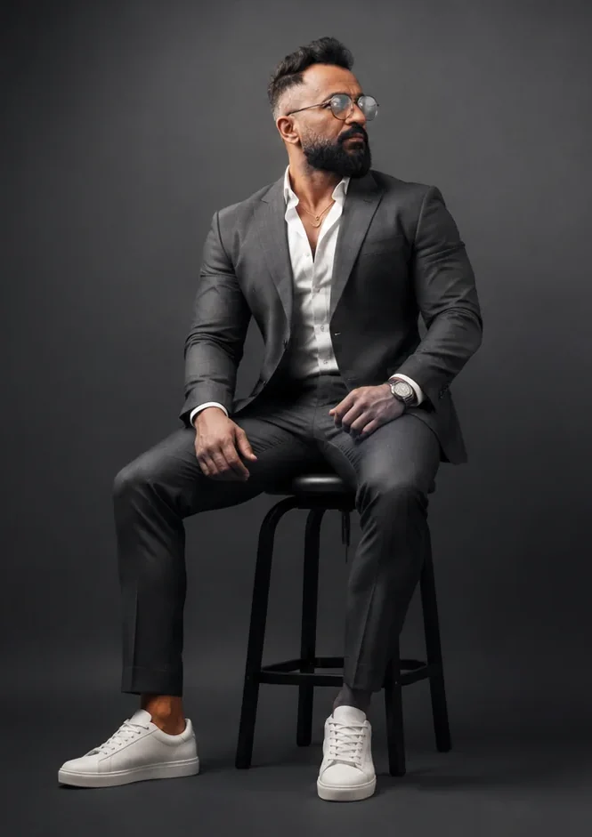 Satyajit Dasgupta seated on a stool in a charcoal suit, mid-thought.
