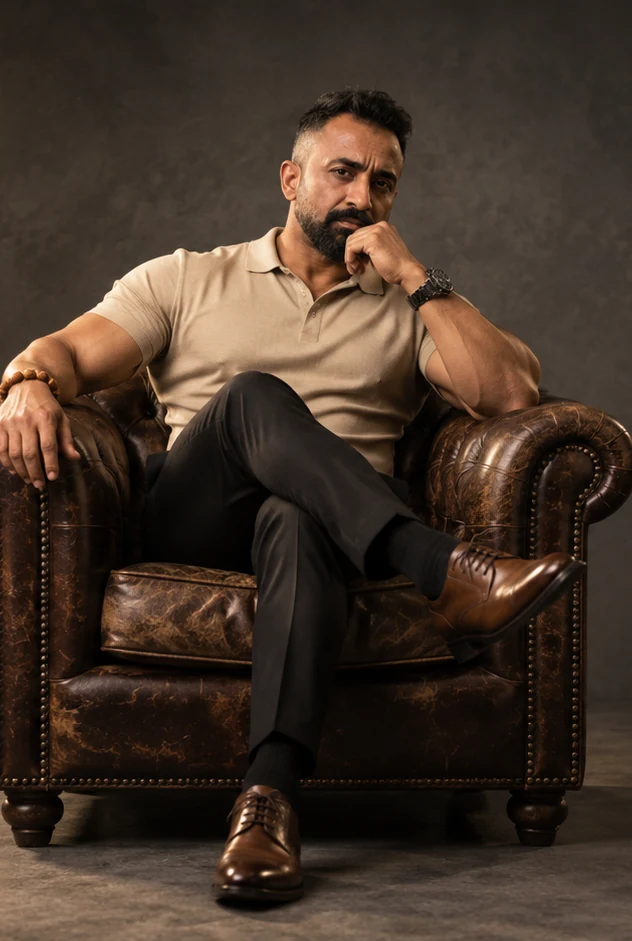 Satyajit Dasgupta seated in a leather armchair, hand to chin, against a warm textured ground.